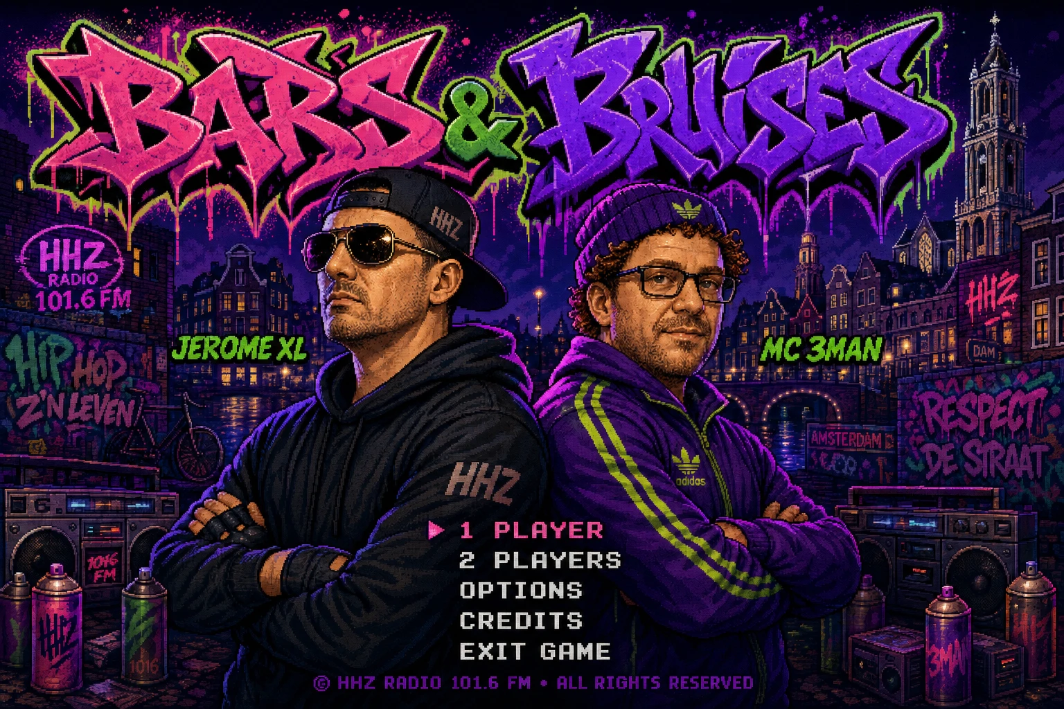 Bars & Bruises title screen: Jerome XL and MC 3MAN back to back under the graffiti logo, HHZ Radio 101.6 FM, neon Amsterdam at night