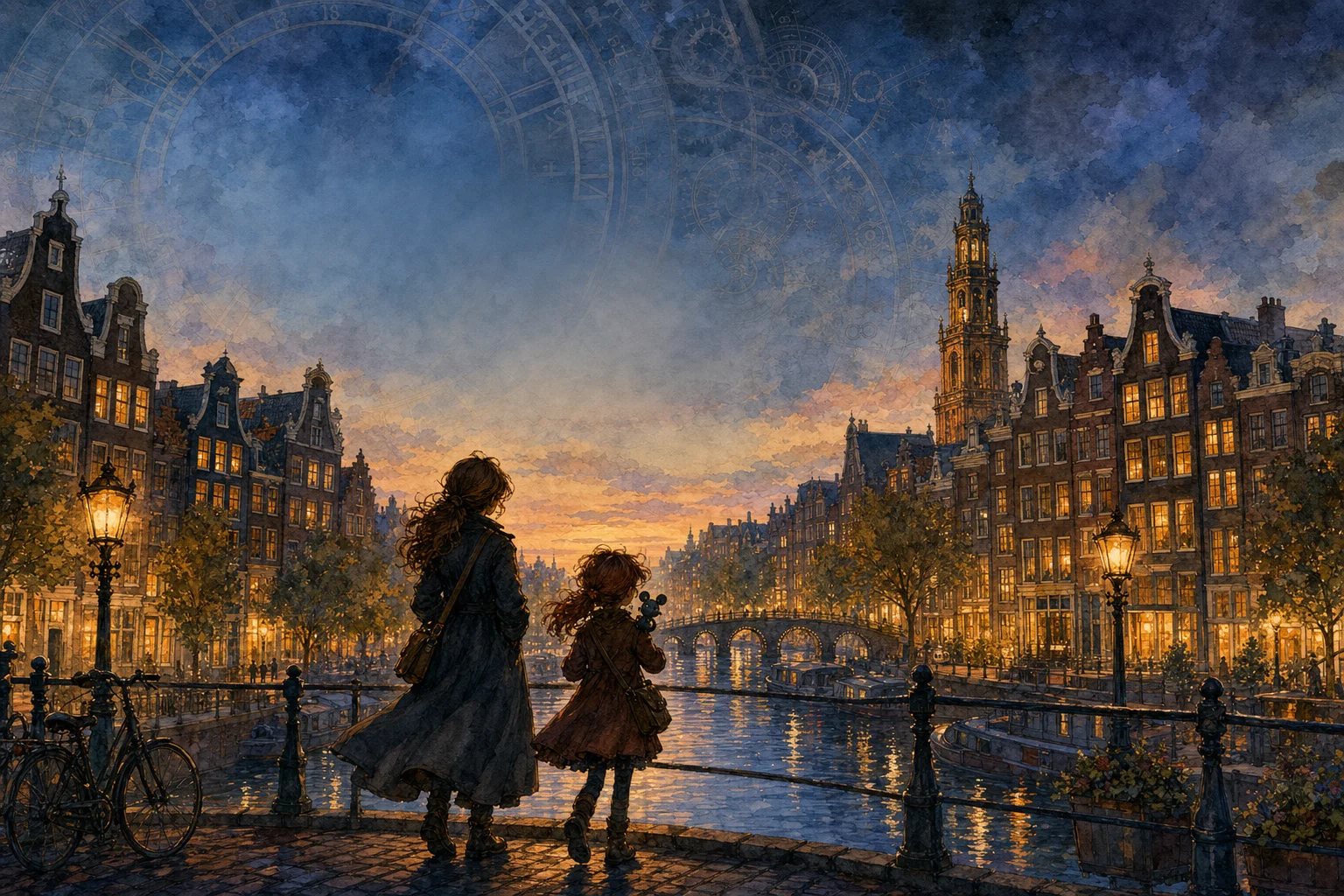 Episode one artwork: Lem and Ally on an Amsterdam canal bridge at dusk